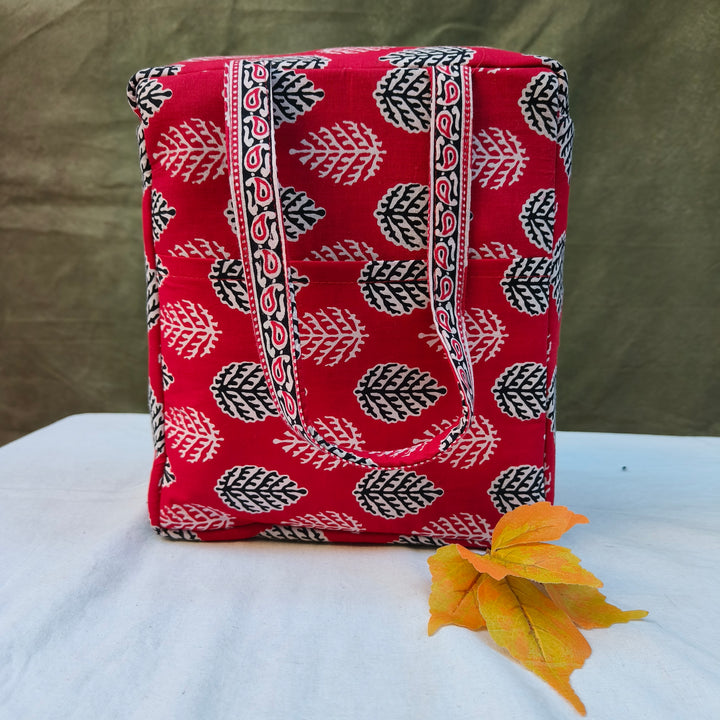 Water Proof Cotton Lunch Bag Red With Leaf Print