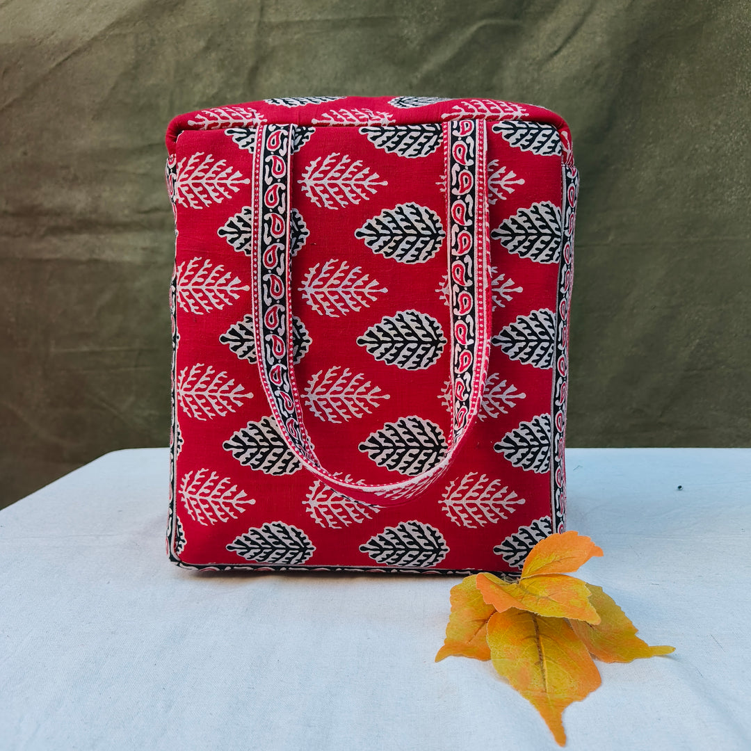 Water Proof Cotton Lunch Bag Red With Leaf Print