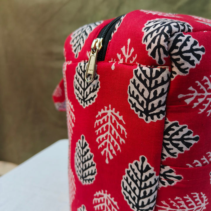 Water Proof Cotton Lunch Bag Red With Leaf Print