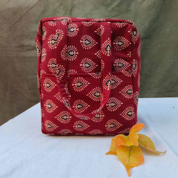 Water Proof Cotton Lunch Bag Brown With Leaf Print