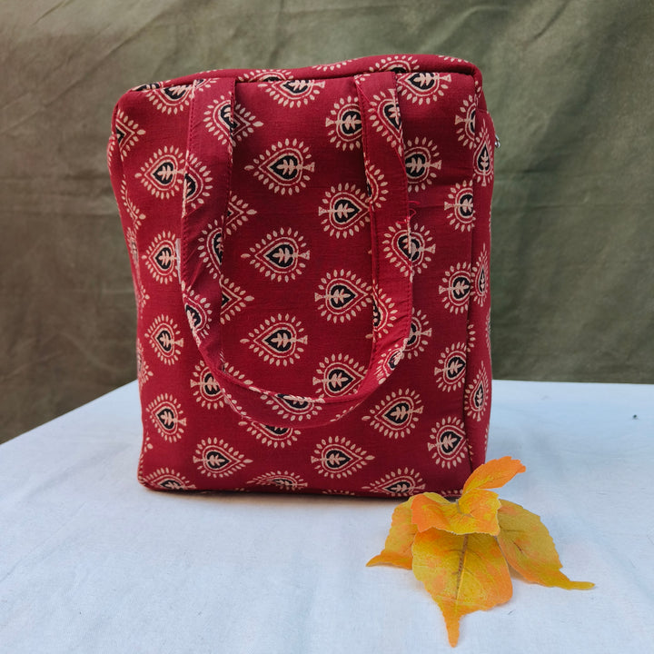 Water Proof Cotton Lunch Bag Brown With Leaf Print