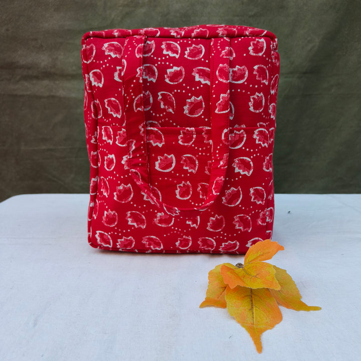 Water Proof Cotton Lunch Bag Red With White Outer Line Leaf Print