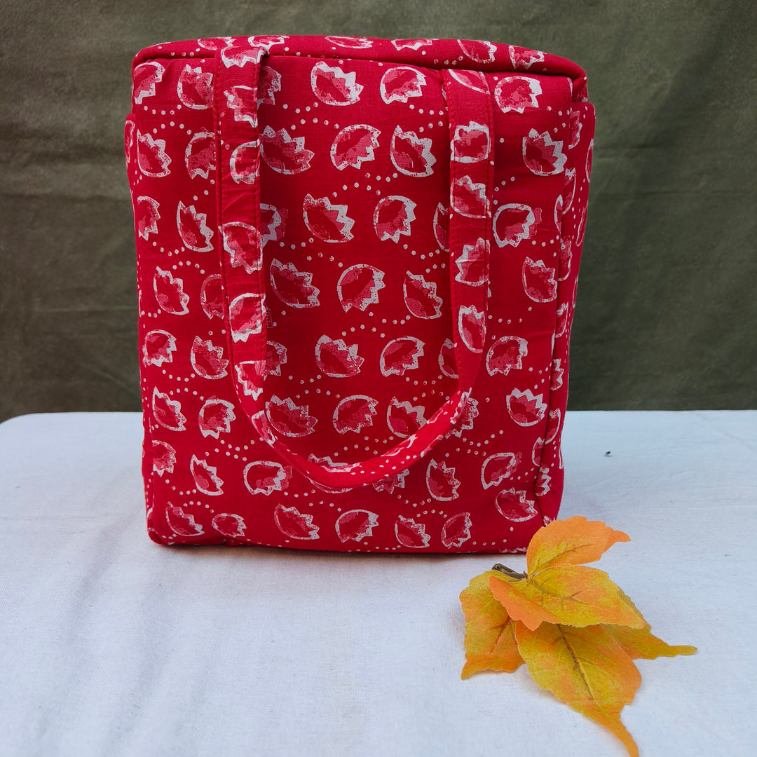 Water Proof Cotton Lunch Bag Red With White Outer Line Leaf Print