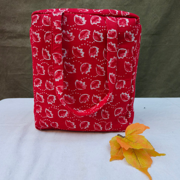 Water Proof Cotton Lunch Bag Red With White Outer Line Leaf Print