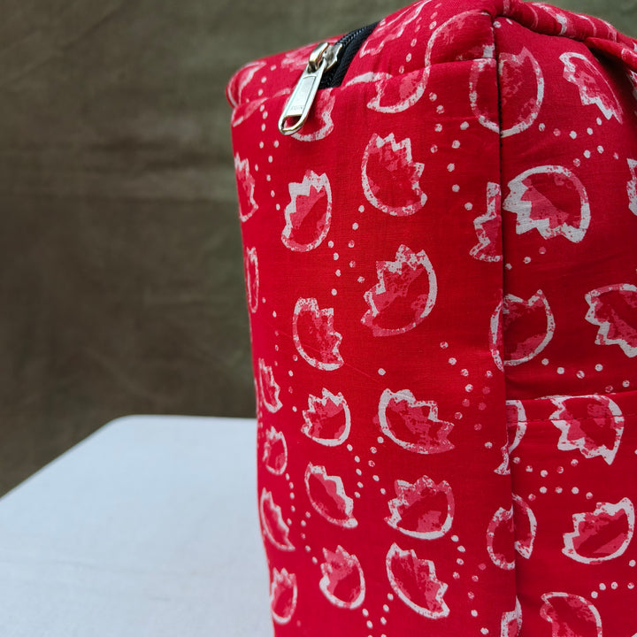Water Proof Cotton Lunch Bag Red With White Outer Line Leaf Print