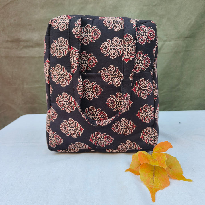 Water Proof Cotton Lunch Bag Black With Flower Print