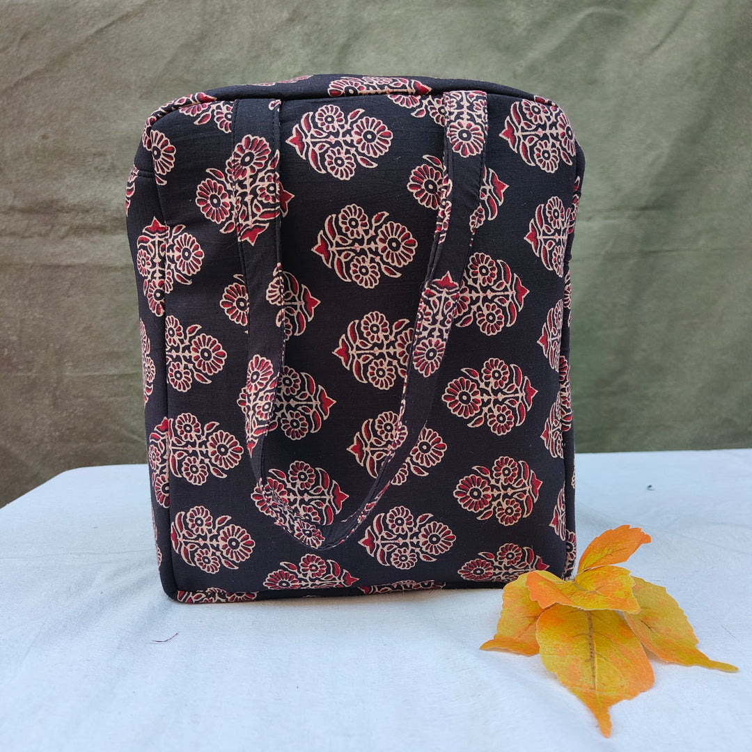 Water Proof Cotton Lunch Bag Black With Flower Print