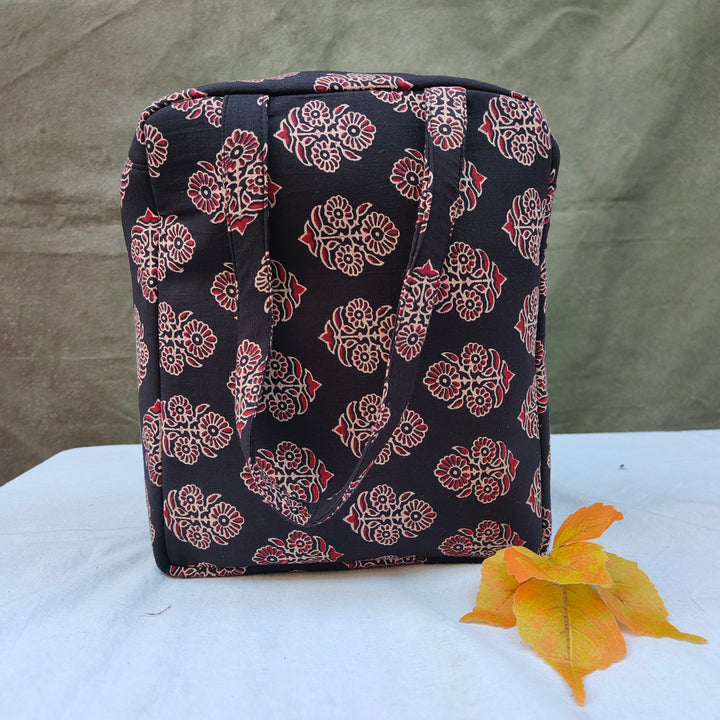 Water Proof Cotton Lunch Bag Black With Flower Print