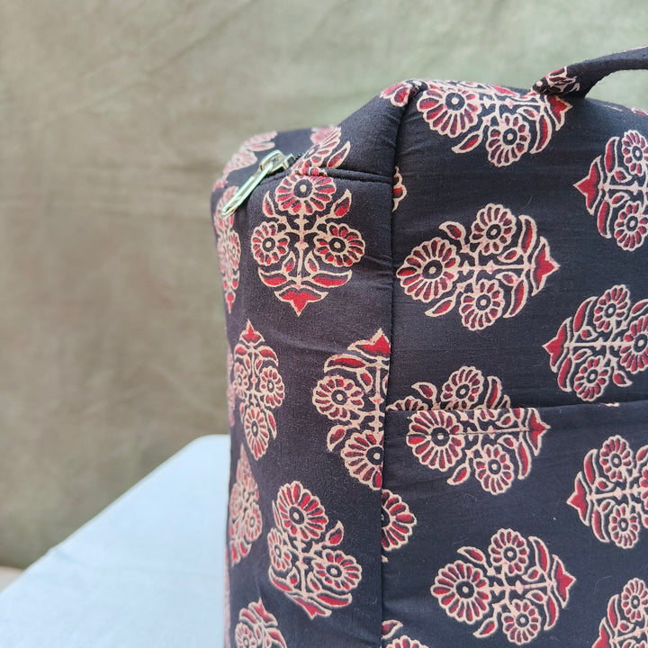 Water Proof Cotton Lunch Bag Black With Flower Print