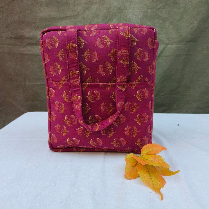 Water Proof Cotton Lunch Bag Maroon With Flower Print