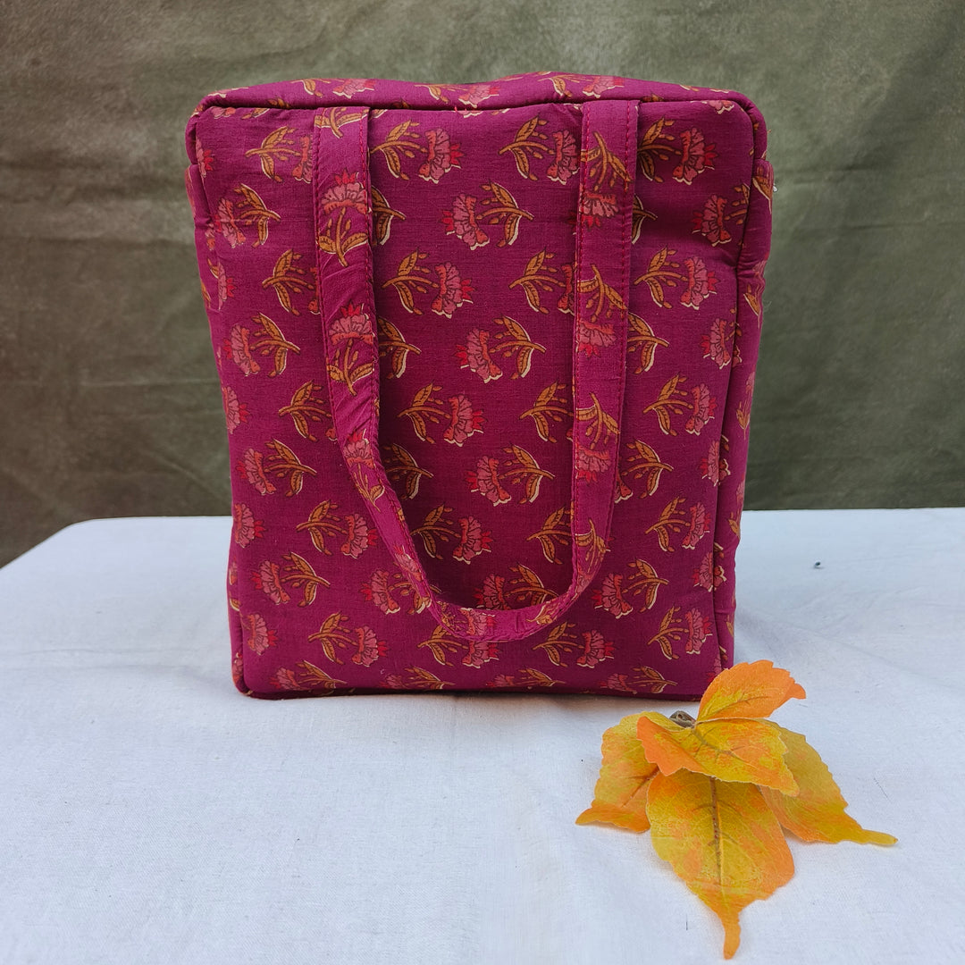 Water Proof Cotton Lunch Bag Maroon With Flower Print