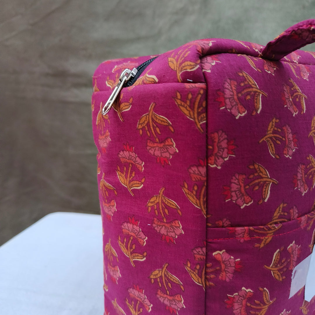 Water Proof Cotton Lunch Bag Maroon With Flower Print