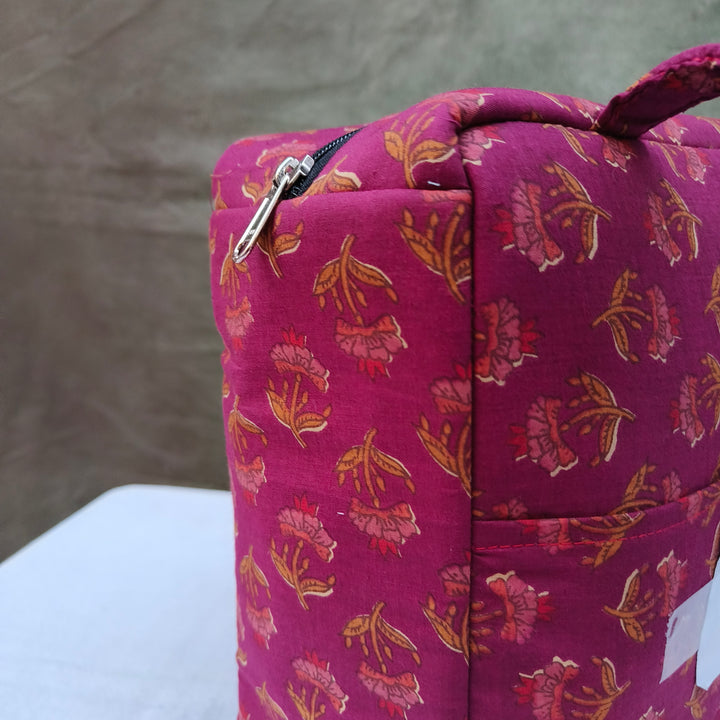 Water Proof Cotton Lunch Bag Maroon With Flower Print