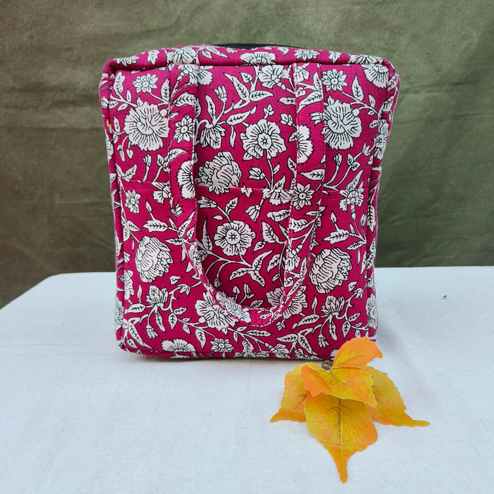 Water Proof Cotton Lunch Bag Pink With White Print Rose Flower Design