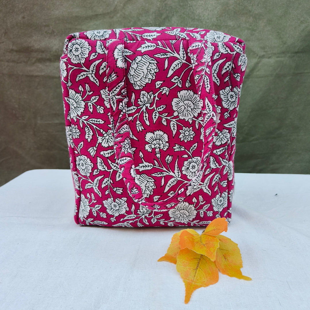 Water Proof Cotton Lunch Bag Pink With White Print Rose Flower Design