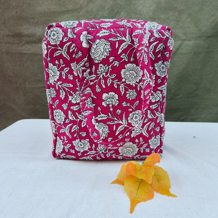 Water Proof Cotton Lunch Bag Pink With White Print Rose Flower Design