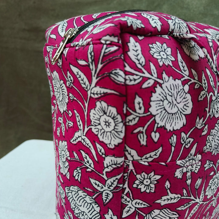 Water Proof Cotton Lunch Bag Pink With White Print Rose Flower Design