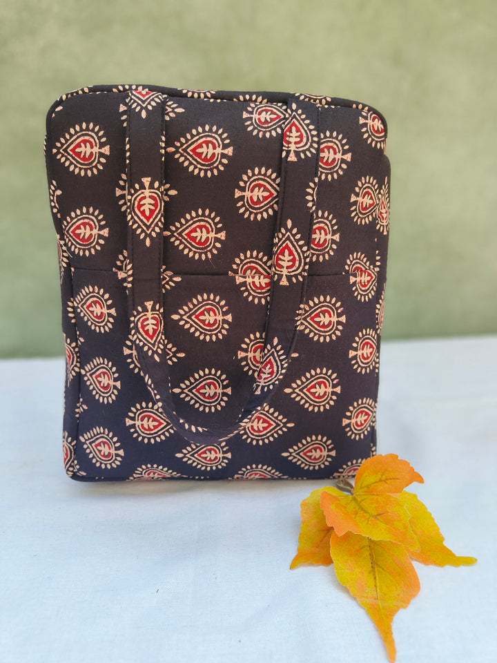 Water Proof Cotton Lunch Bag Black With Sandal Leaf Print