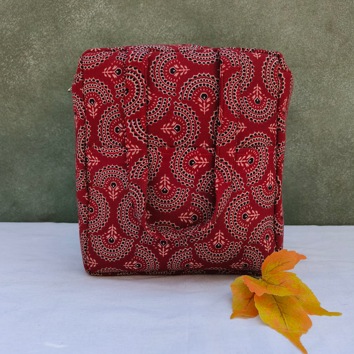 Water Proof Cotton Lunch Bag Brown With Black Print Rose Flower Design