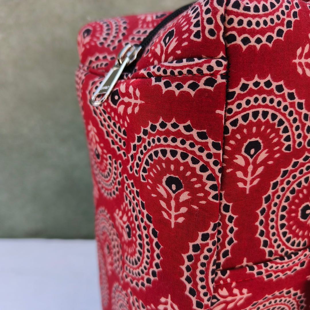 Water Proof Cotton Lunch Bag Brown With Black Print Rose Flower Design