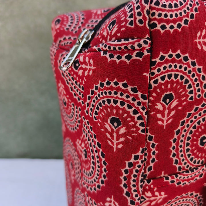 Water Proof Cotton Lunch Bag Brown With Black Print Rose Flower Design