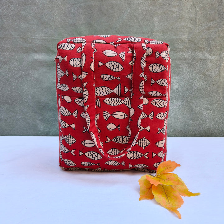 Water Proof Cotton Lunch Bag Lite Brown With Fish Print