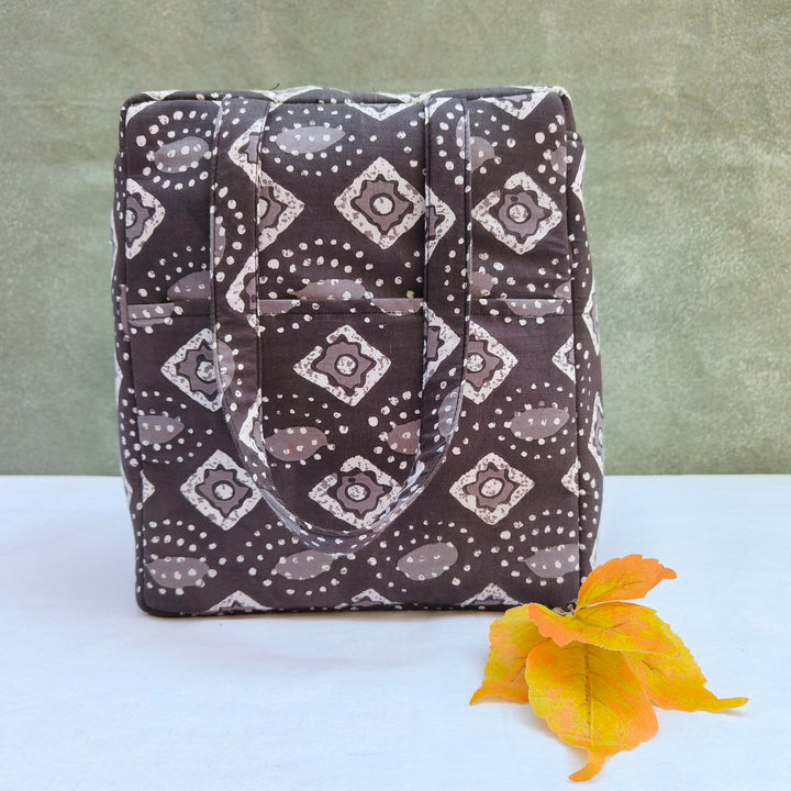 Water Proof Cotton Lunch Bag Grey With White Dot Print