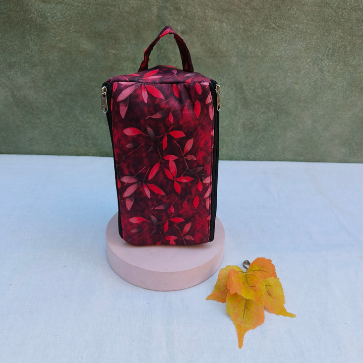 3 Way Zip Vanity Red With Red Leaf Print