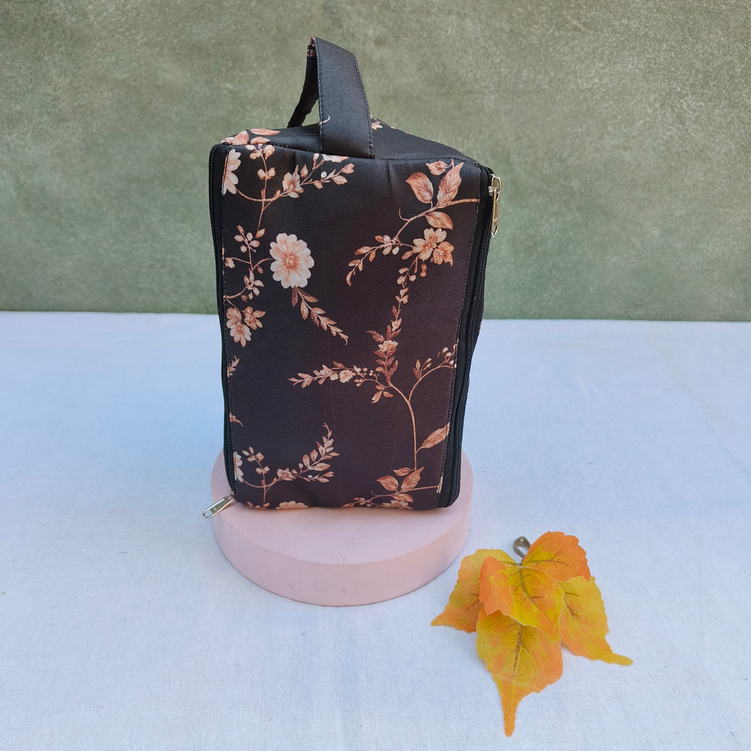 3 Way Zip Vanity Black With Gold Flower Print