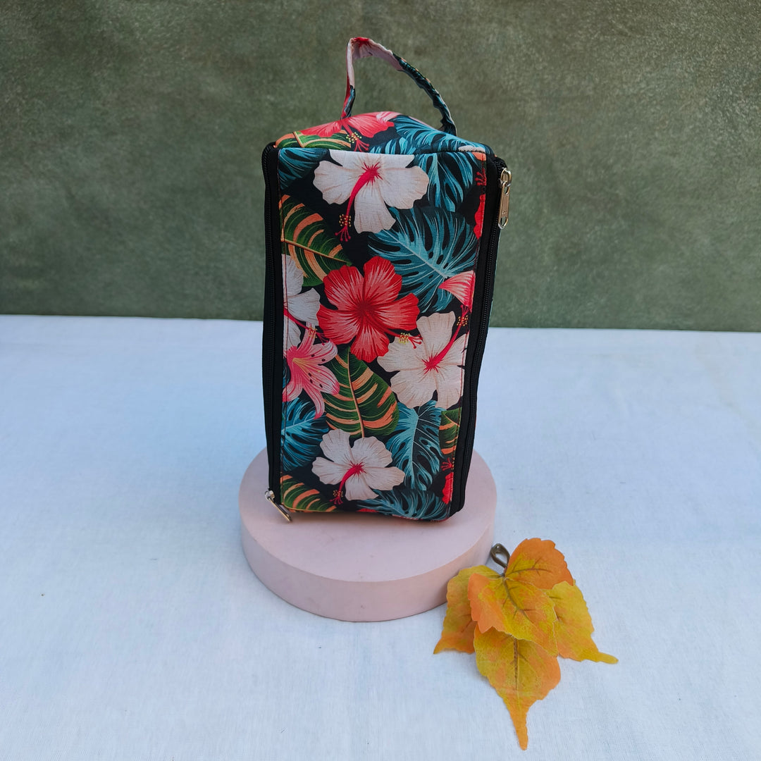 3 Way Zip Vanity Black With Multi Color Flower Print