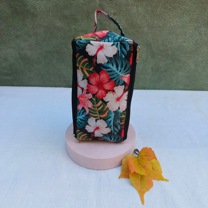3 Way Zip Vanity Black With Multi Color Flower Print