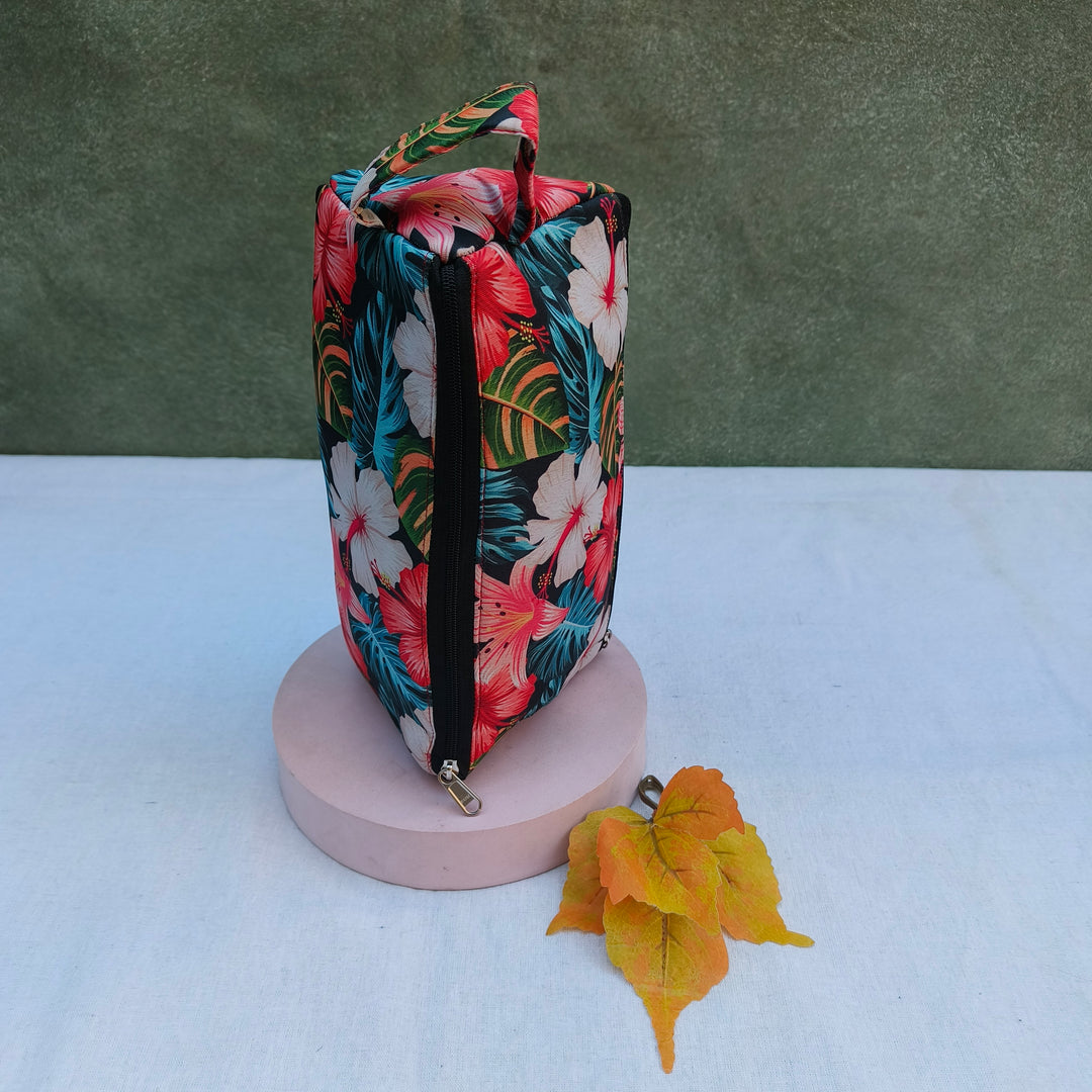 3 Way Zip Vanity Black With Multi Color Flower Print