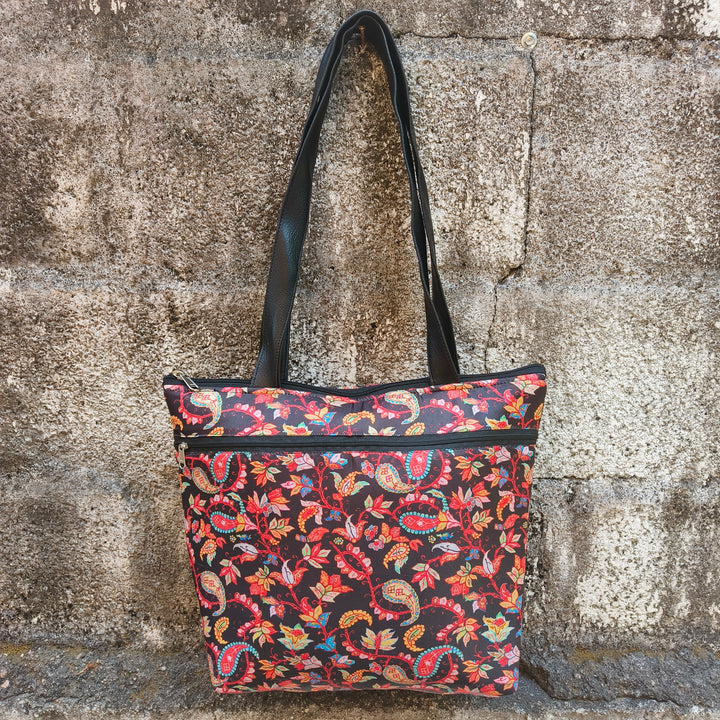 Tote with Bottle Holder Black Color With Multi Color Flower Print