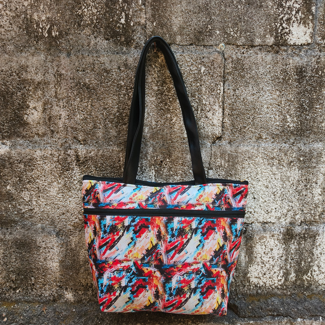 Tote with Bottle Holder Multi Color Shade Print