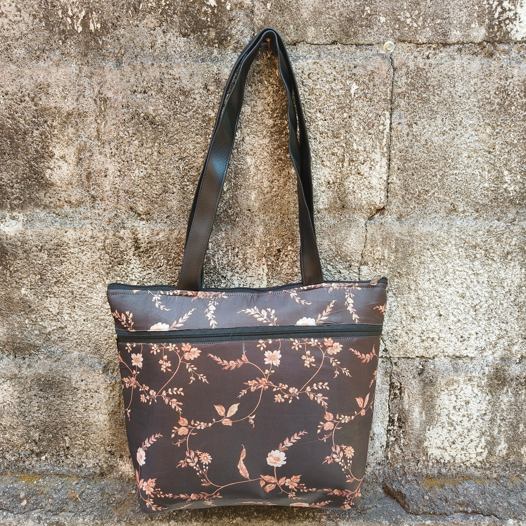 Tote with Bottle Holder Black Color With Gold Flower Print