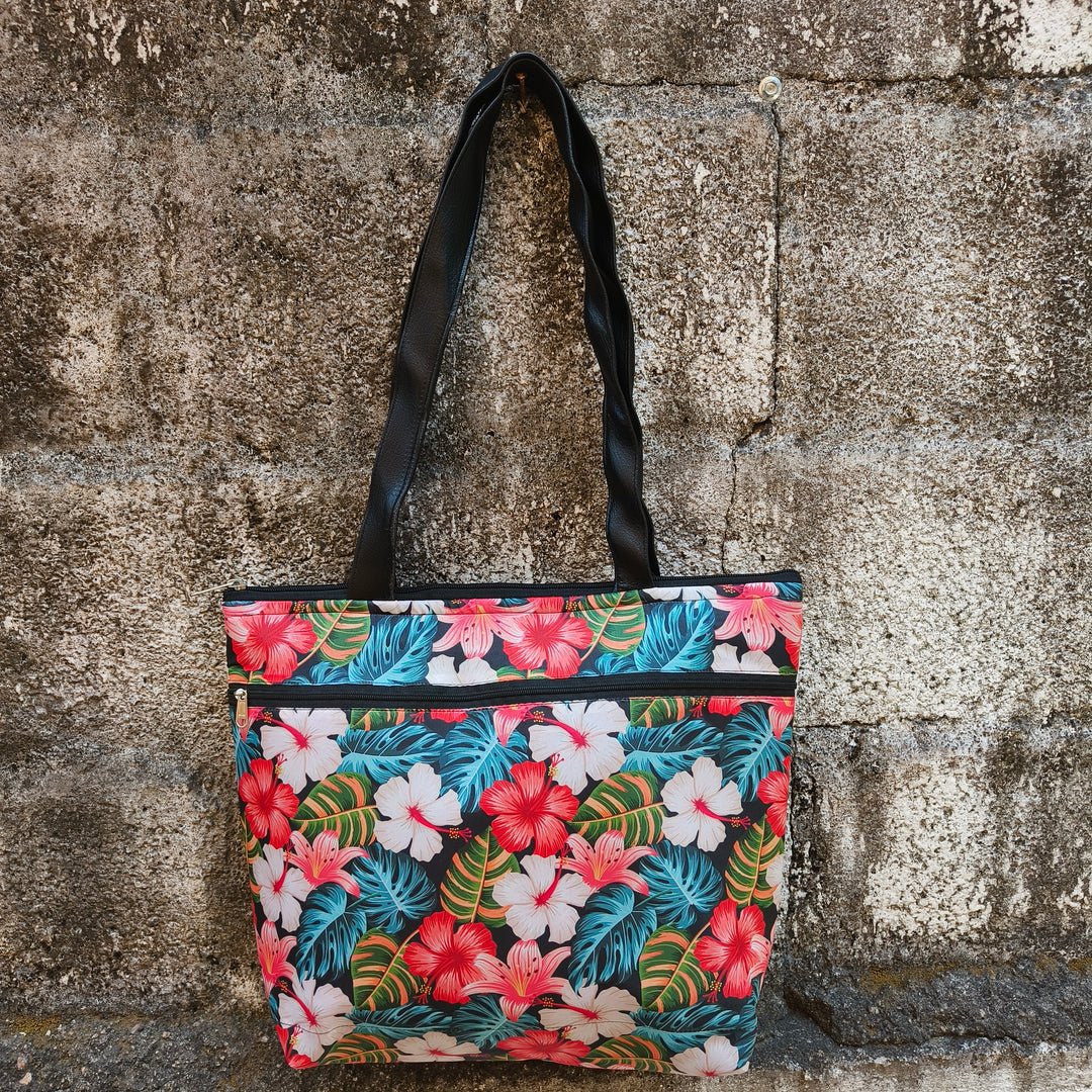 Tote with Bottle Holder Black Color With Hibiscus Print