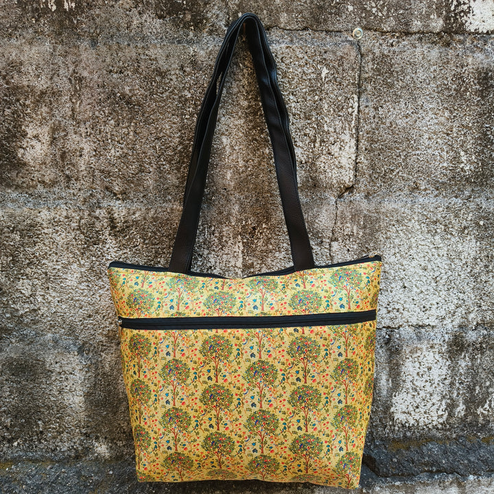 Tote with Bottle Holder Yellow Color With Tree Print