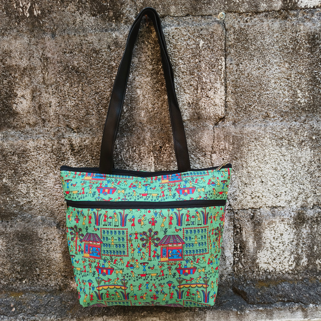 Tote with Bottle Holder Green Color With Doll Print