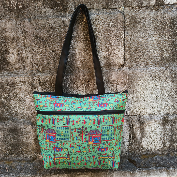 Tote with Bottle Holder Green Color With Doll Print