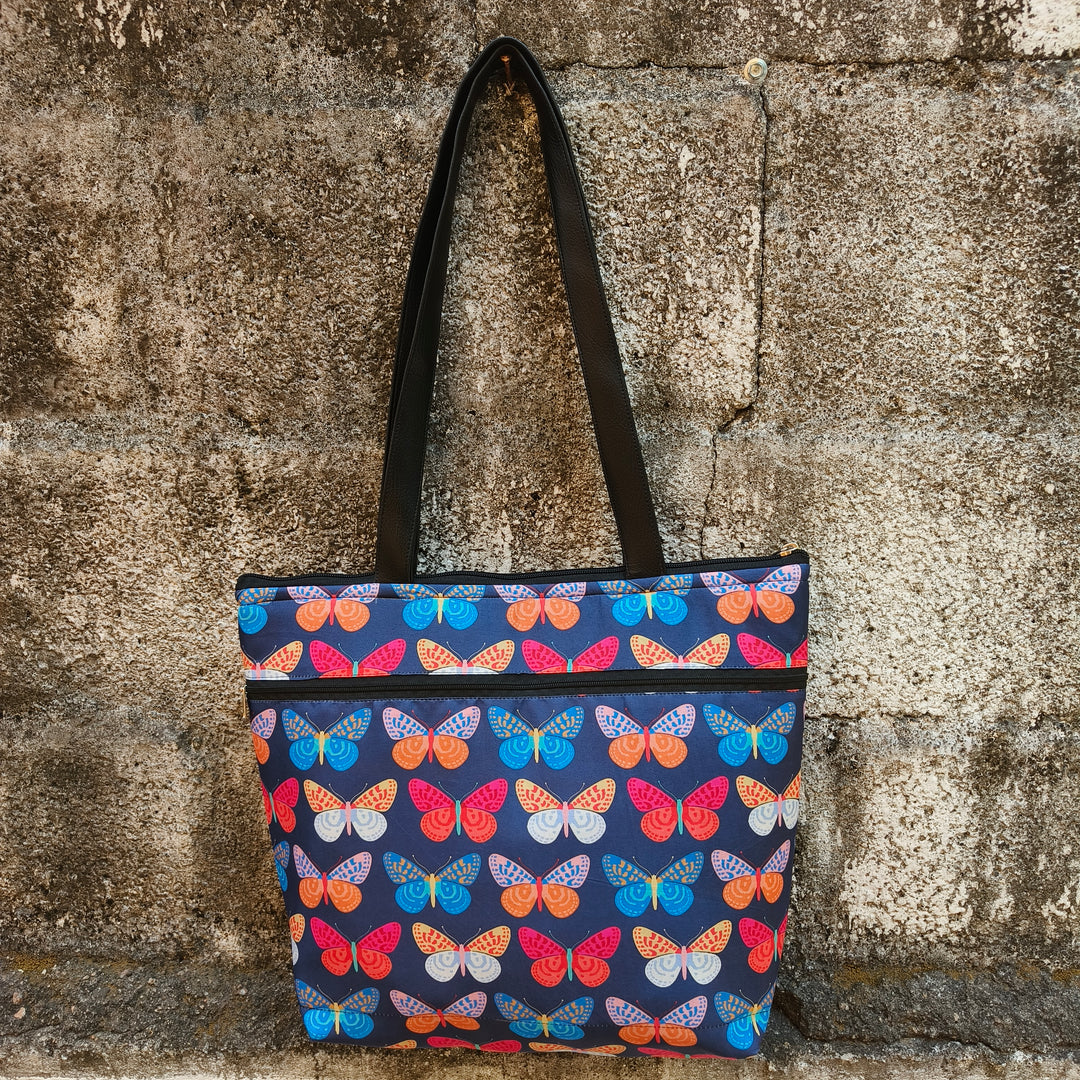 Tote with Bottle Holder Blue Color With Butterfly Print