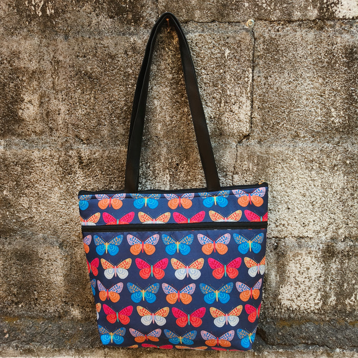Tote with Bottle Holder Blue Color With Butterfly Print