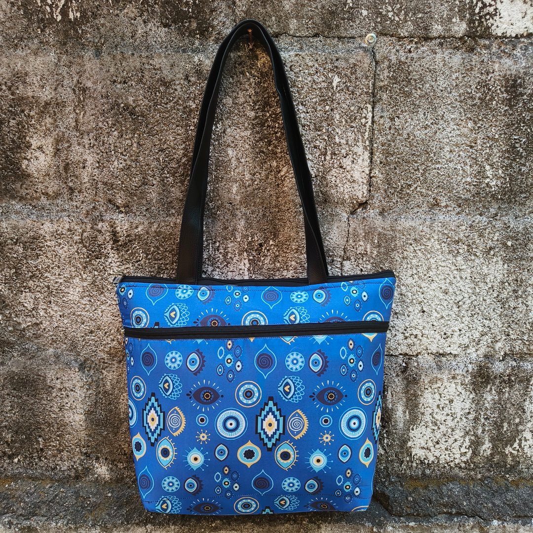 Tote with Bottle Holder Blue Color With Eye Print