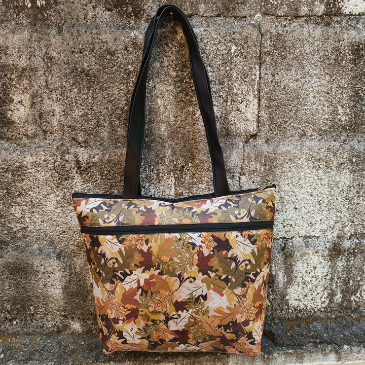 Tote with Bottle Holder Yellow Color With Dry Leaf Print