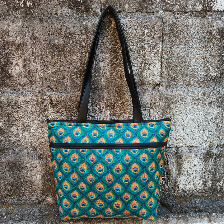 Tote with Bottle Holder Peacock Leaf Print