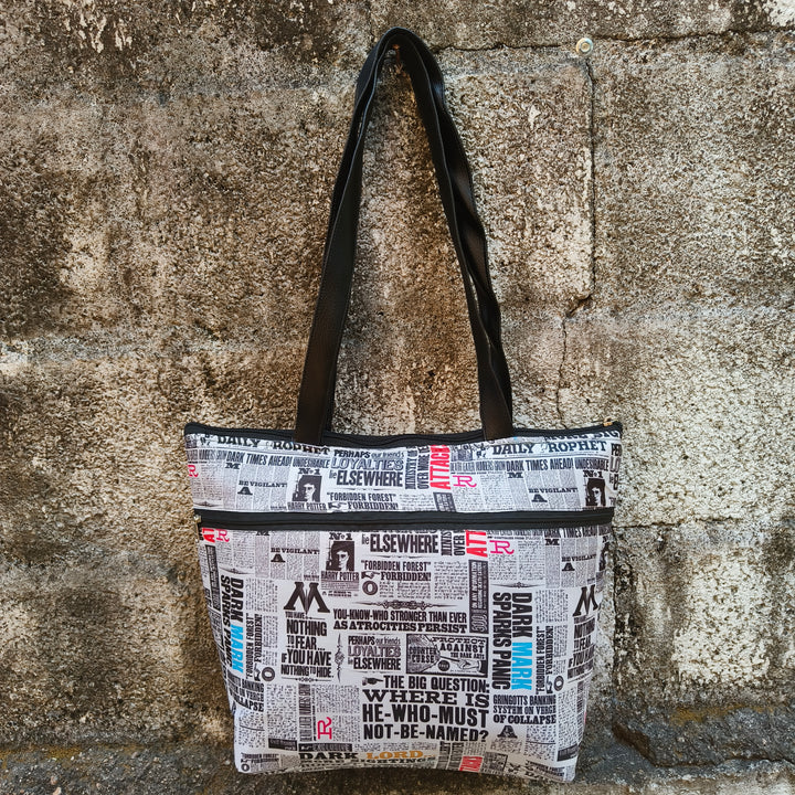 Tote with Bottle Holder White Color News Paper Print