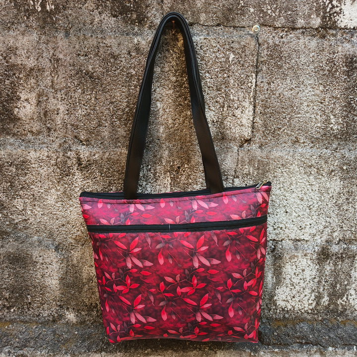 Tote with Bottle Holder Red Color With Red Leaf Print