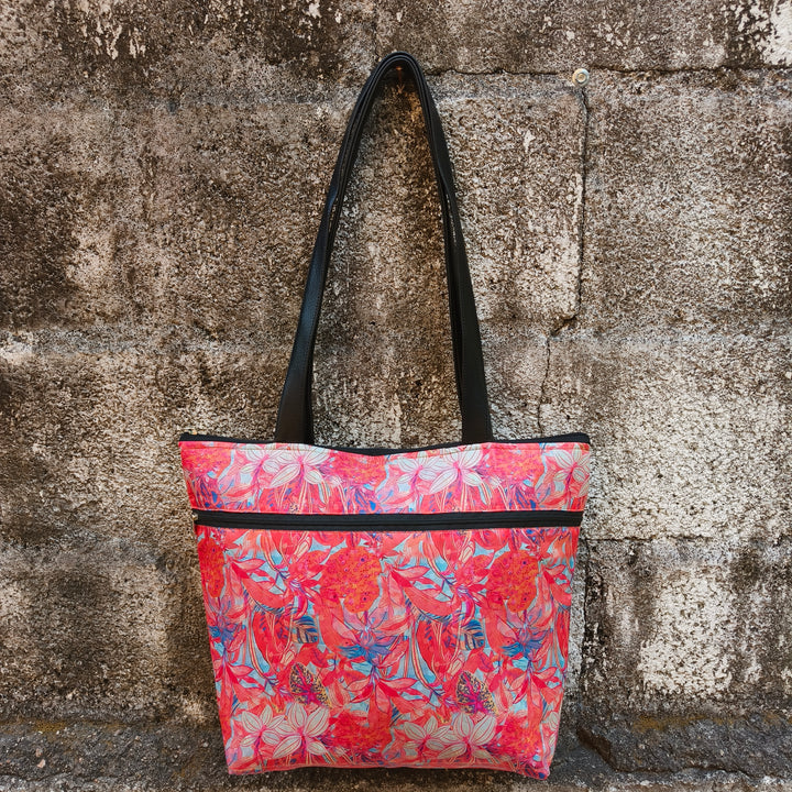Tote with Bottle Holder Pink Color With Flower Print