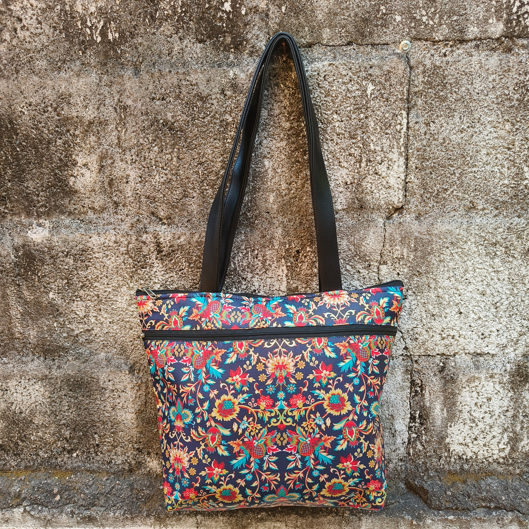 Tote with Bottle Holder Dark Blue Color With Multi Color Flower Print