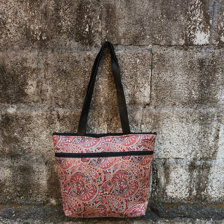 Tote with Bottle Holder Brown Color With Sandal Flower Print