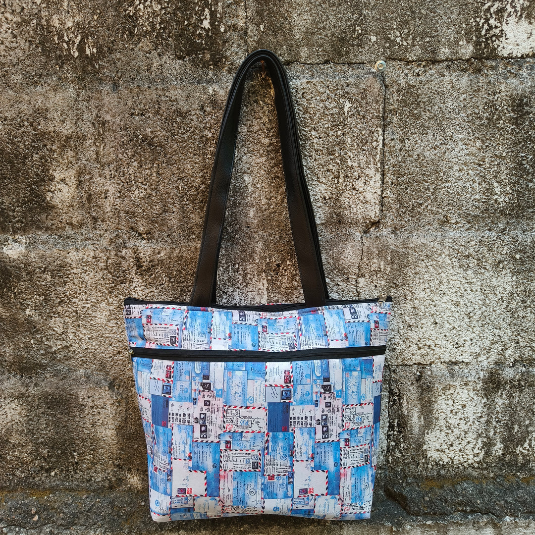 Tote with Bottle Holder Blue Color With White Print